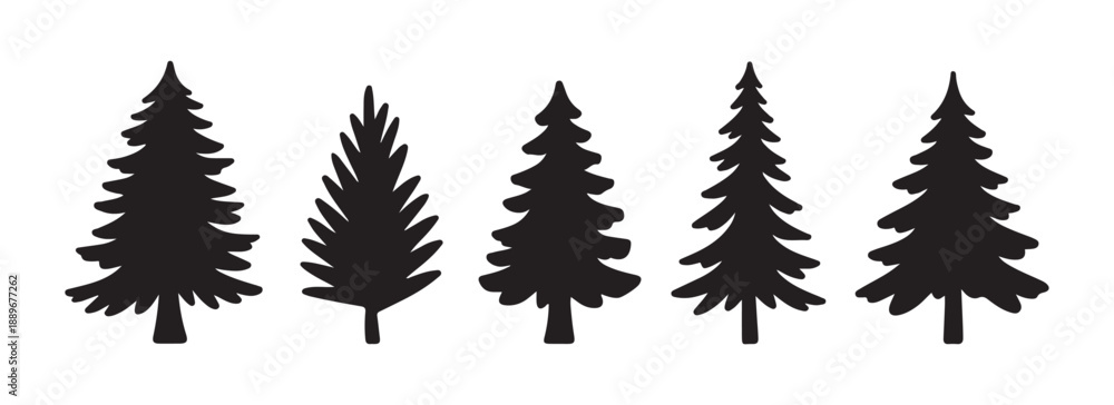 Obraz premium Set of five various black silhouetted evergreen fir trees isolated on white background for design element