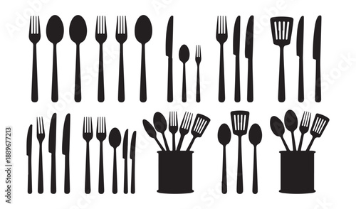 Set of silhouettes of cutlery, different types of spoons, forks, knives and kitchen utensils