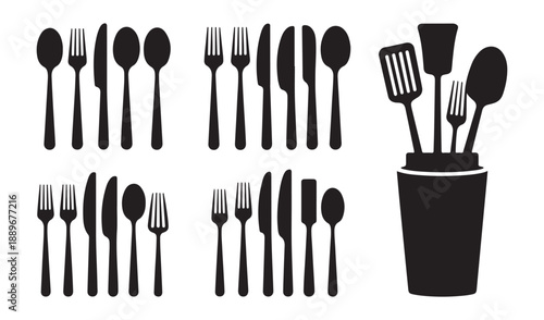 Set of silhouettes of cutlery, different types of spoons, forks, knives and kitchen utensils