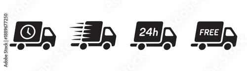 Speedy delivery trucks with speed lines 24 hour service free delivery icons for online shopping logistics