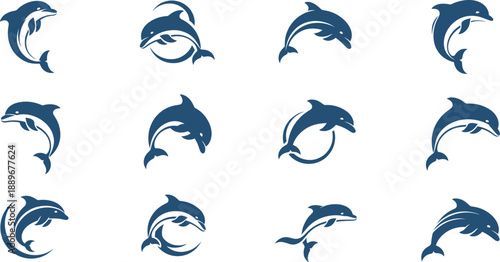 Dolphin Logo Vector Set with Abstract Circular Swimming Symbols for Marine Branding Ocean Wellness Businesses Apps and Modern Graphic Design Projects