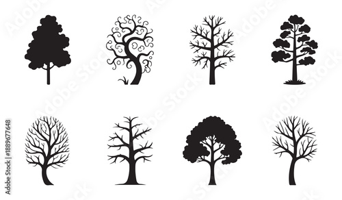 Assorted broadleaf and leafless tree silhouettes for creative park design and environmental conservation art