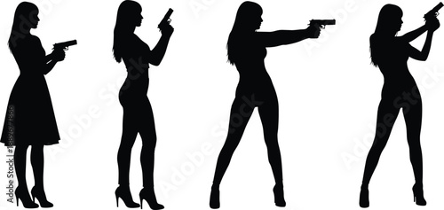 Female gun silhouettes in dynamic poses, armed women figures isolated on white background, action stance concept for security, defense, danger, and protection themes