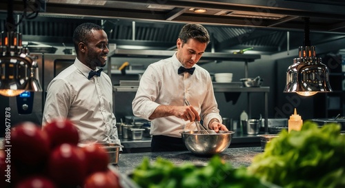 Two Chefs Preparing Food Together, Professional Kitchen Photography, Culinary Collaboration Illustration, Cooking Action Graphic, Restaurant Teamwork Icon
