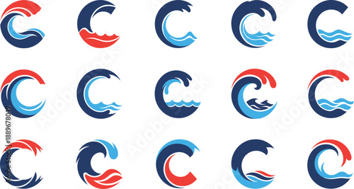Ocean Wave Letter C Logo Vector Set with Blue and Red Water Swirl Symbols for Surf Branding Coastal Businesses Startups and Modern Graphic Design Projects