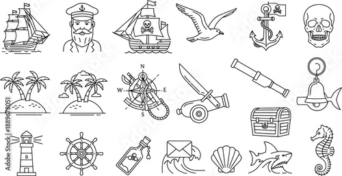 Nautical Pirate Line Art Vector Icon Set with Ship Anchor Compass Cannon Lighthouse Treasure and Ocean Symbols for Vintage Maritime Branding Tattoo and Adventure Designs