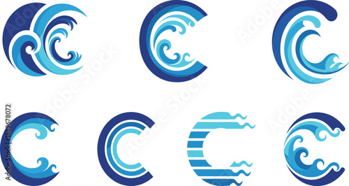 Ocean Wave Letter C Logo Vector Set with Abstract Water Swirl Symbols for Surf Branding Coastal Businesses Startups and Modern Graphic Design Projects
