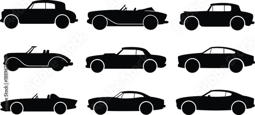 Classic car silhouette icon set, vintage vehicle, retro automobile, convertible, hardtoelement,