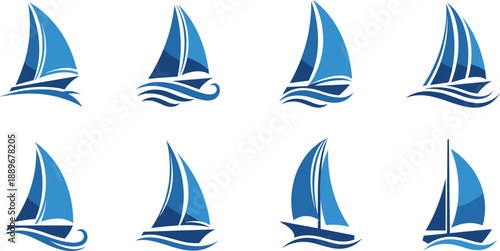 Sailboat Icon Vector Set with Blue Yacht and Flowing Wave Elements for Nautical Marine Branding Travel Apps Logos and Modern Graphic Design Projects