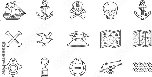 Pirate Nautical Line Art Vector Icon Set with Ship Anchor Skull Map Cannon and Ocean Symbols for Vintage Maritime Branding Tattoo and Adventure Designs