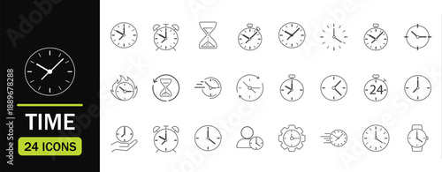 Time set of web icons in line style. Vector illustration in modern thin line style of clock related icons timer, stopwatch, alarm, time, clock and more. Linear Editable stroke.