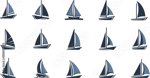 Sailboat Icon Vector Set with Multiple Sailing Yacht Silhouettes and Angles for Nautical Marine Travel Branding Logos and Minimal Design Projects