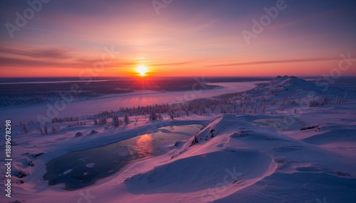 A snowy mountain landscape under a vibrant sunset, with frozen ponds and distant views