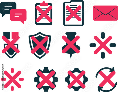 Disabled feature icon set, red X symbol, error, unavailable, rejection, UI status, document, gear, shield, envelope, speech bubble, pushpin, synchronization, award, settings, communication,