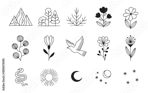Set of mystical nature line art elements, mountains, trees, flowers, dove, snake, sun, moon, stars collection
