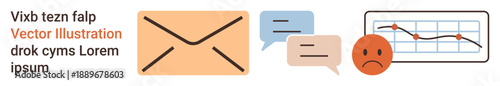 Email messaging, data analysis, business feedback, communication issues, digital trends, emotional reactions. Icons of an envelope, chat bubbles sad face and trend graph. Email messaging and data