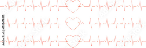 ECG heart rhythm icon set, heartbeat line with love symbol, cardiology graphics, emotional health, medical vector design