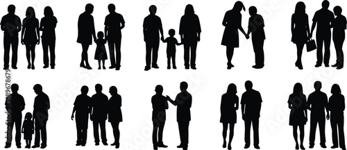 Silhouette grid of twelve people groupings in black, featuring adults and children in varied social interactions
