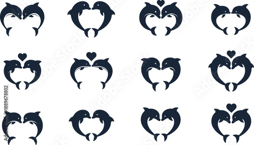 Dolphin Heart Logo Vector Set with Paired Dolphin Silhouettes and Love Symbols for Romance Wellness Eco Branding and Modern Graphic Design Projects