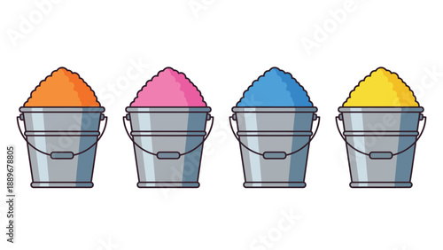 Four metal buckets filled with vibrant orange, pink, blue, and yellow Holi powder, ready for celebration.