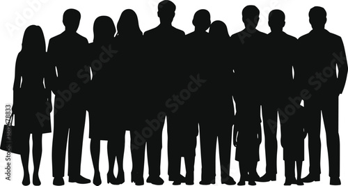 Silhouette illustration of twelve diverse people in a line, adults and children in varied postures and accessories