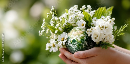 Human hands cradle the Earth in a summer field, evoking Earth Day and ecological concepts, image
