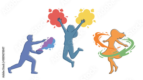 Three stylized figures celebrating the vibrant Indian festival of Holi with colorful powder, splashes, and joyful dancing.