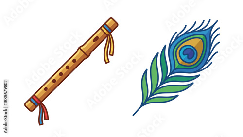 An illustration featuring a traditional bamboo flute with colorful ties next to a vibrant peacock feather.