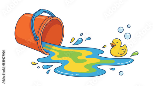 A cartoon illustration of an orange bucket spilling colorful liquid with a rubber duck nearby on a white background.
