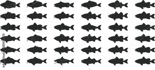 Fish silhouette puzzle grid, black vector icons, visual discrimination, attention test, pattern recognition, educational activity design