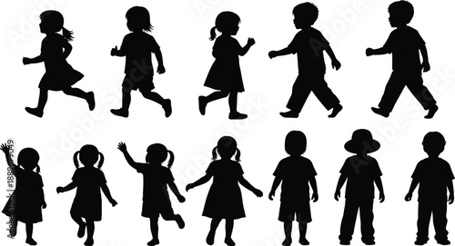 Children silhouettes set showing boys and girls walking, running, waving, and playing, black kid figures illustration for childhood activities, education concepts, family design, and lifestyle themes