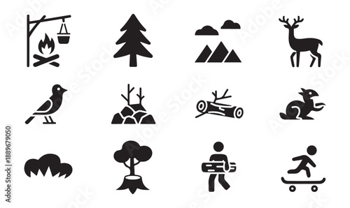 Outdoor recreation icons campfire deer squirrel bird wood stump hiker and skateboard
