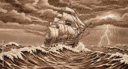 Pyrography art of old sailing ship in stormy sea with lightning and rain on wood background