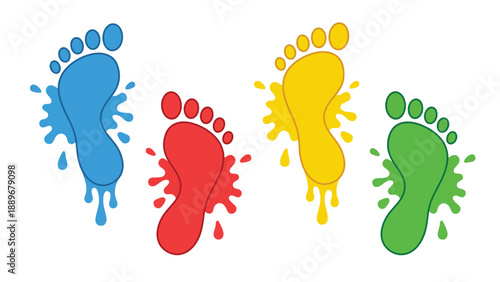 Four colorful footprints in blue, red, yellow, and green with paint splatters, symbolizing creativity, play, and movement.