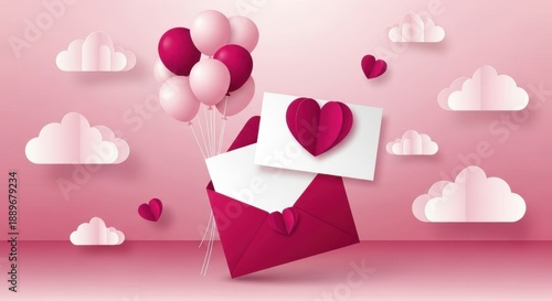 Valentine Love Letter and Balloons Paper Cut Background