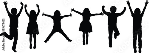 Happy children silhouettes jumping with raised arms, joyful kids expressing freedom, energy, and celebration, black figures illustration for childhood happiness, fun activities, and positive 
