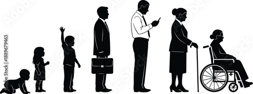 Human life stages silhouettes from baby to elderly person in wheelchair, representing aging process, growth, lifecycle, healthcare, and social development concepts in black illustration style