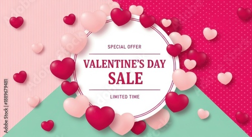 Valentine's Day sale banner with a circular frame, surrounded by numerous pink and red heart balloons on a vibrant geometric background.