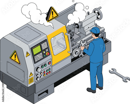 Industrial CNC lathe machine operator performing maintenance with safety warning signs in modern factory workshop, isometric vector illustration for manufacturing, engineering, and industrial 