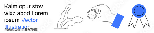 Time management, achievement, recognition, tracking progress, goal setting, productivity. A hand holding a stopwatch, a ribbon badge and abstract leafy forms. Time management and achievement
