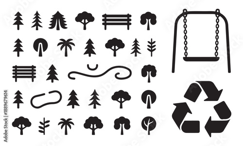Collection of nature and park icons with trees benches swings recycle symbol