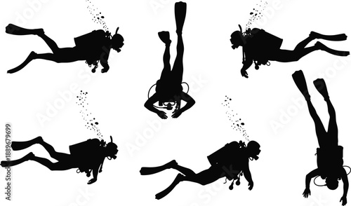 Scuba diver silhouettes underwater in different swimming positions, black figures illustration representing diving sport, ocean exploration, underwater adventure, marine activity, and extreme water 