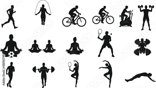 Set of fitness and sports activity silhouettes including running, cycling, yoga, weightlifting, tennis, meditation, and workout exercises, black human figures for healthy lifestyle and training 
