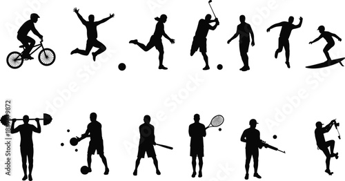 multi-sport athlete silhouettes, cycling, tennis, weightlifting, baseball, surfing, climbing, fitness, outdoor activity artwork