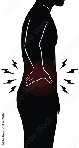 person suffering lower back pain, silhouette with hand on back, medical spine ache health discomfort