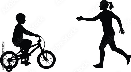 Silhouette of a child riding bicycle towards running woman, outdoor family moment, parenting, learning to ride, childhood happiness
