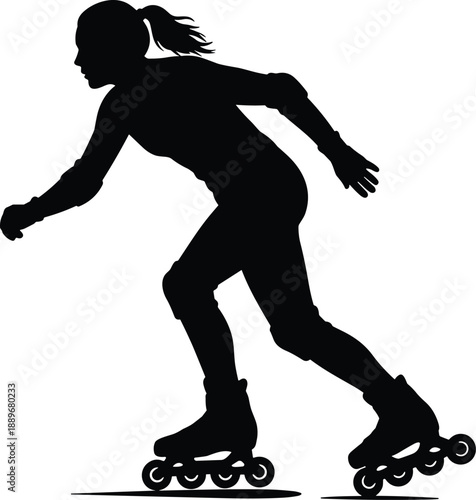 Silhouette of a female rollerblader in action, wearing safety gear, inline skating outdoors, active lifestyle, fitness, sport illustration vector.
