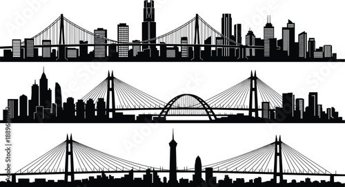 Urban city skyline silhouettes with suspension bridges and modern skyscrapers, panoramic metropolitan landscape illustration for architecture, travel, business, and cityscape design projects