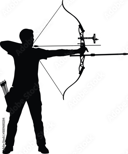 Silhouette of archer aiming with compound bow, precision shooting, outdoor sports activity, archery equipment, focused posture, hunting or target practice.