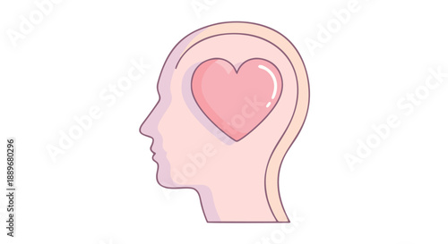 Minimalist Digital Illustration of Side-View Human Head with Clean Lines and Soft Pastel Colors Featuring a Vibrant Inner Heart